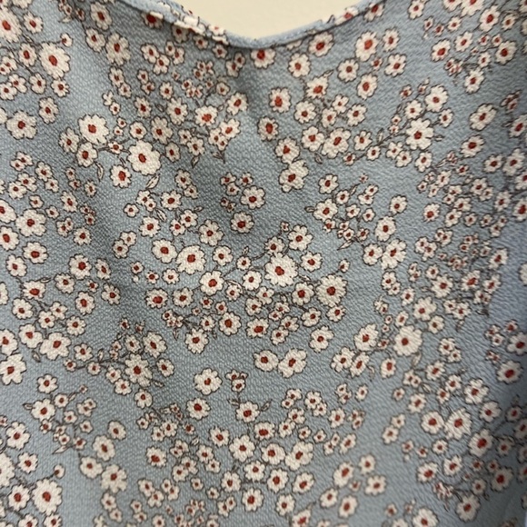 Monteau blue and cream flowered ruffle sleeved dress women's Large - Picture 8 of 9